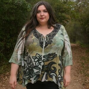 Vintage Y2K B.L.E.U. Top Womens Plus Size 2X Floral Print Embellished Whimsygoth